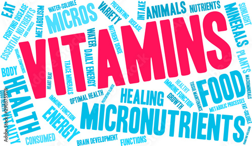 Vitamins Word Cloud on a white background. 