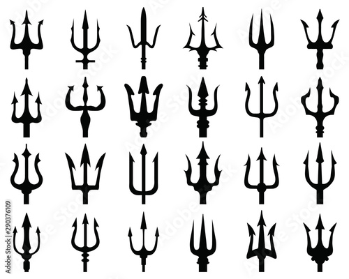 Set of black silhouettes of trident on a white background