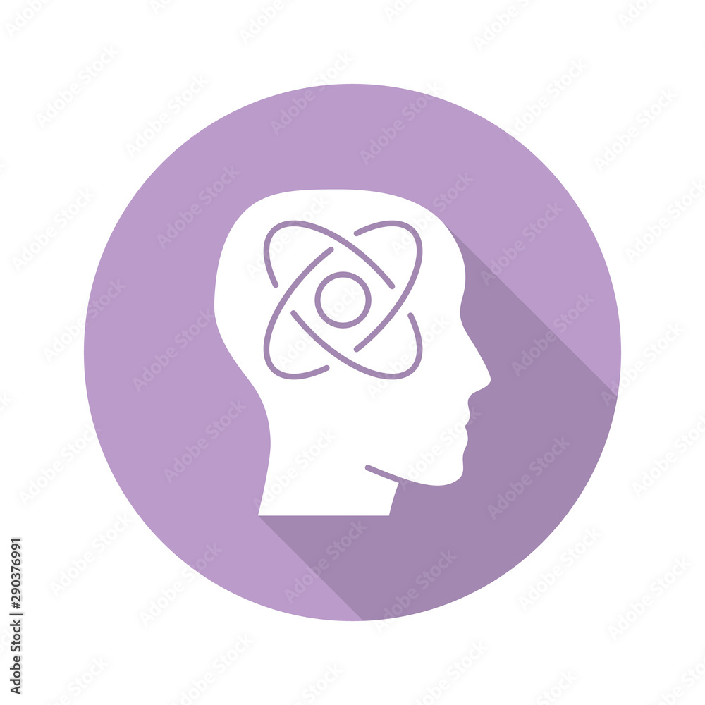 Neurophysics violet flat design long shadow glyph icon. Nervous system, human brain studying. Biophysis branch. Neuroscience research. Cognitive neuroscience. Vector silhouette illustration