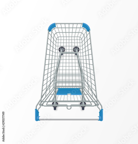 Supermarket shopping cart. 3d top view vector illustration. Photo realistic empty basket for food products. Customers market trolley mockup. Single object isolated on white background. Mall equipment