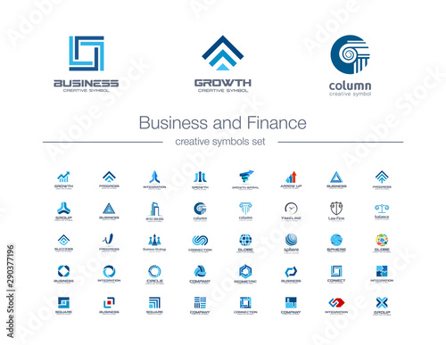 Business and finance creative symbols set. Global banking, stock marketing abstract business logo concept. Growth arrow, success, increase icons. Corporate identity logotypes, company graphic design