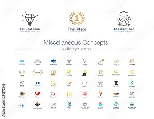 Miscellaneous Concepts creative symbols set. Idea bulb, awards, education, healthcare abstract business logo concept. Book, food, cafe, cook icons. Corporate identity logotypes, company graphic design