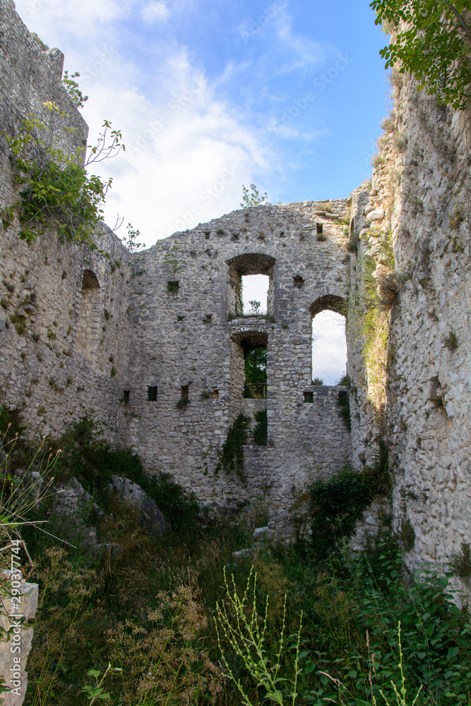 The ruins of the abandoned castle (Rocca di Piediluco) on the hill of the town of Piediluco.