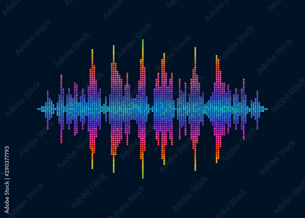 Vector colorful pixelated sound waves. Abstract speaking voice wave isolated design element on dark background
