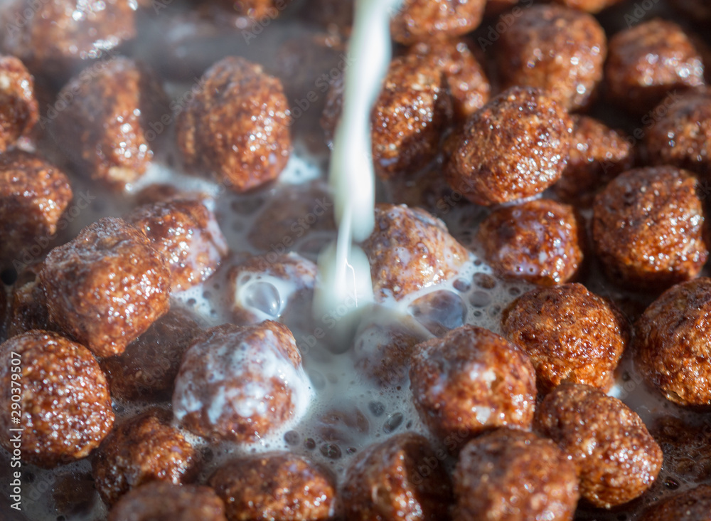 Chocolate cereal balls in milk as food background Chocolate cereal balls in milk as food background