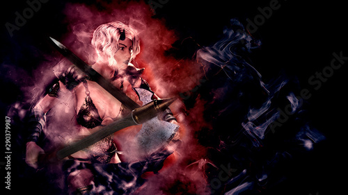 Horned blonde female demon with sword posing over dark background