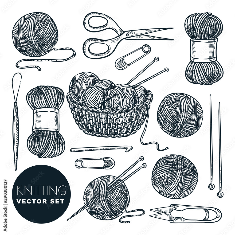 Set vector illustration elements isolated on white. Knitting tools