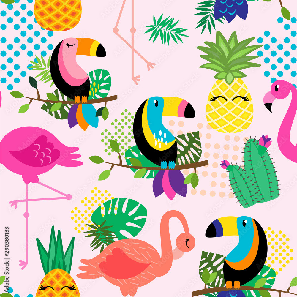 Obraz premium Seamless, Tileable Tropical Vector Pattern with Flamingos, Toucans, Cacti and Tropical Leaves