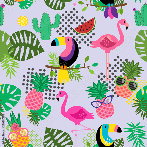 Seamless, Tileable Tropical Vector Pattern with Flamingos, Toucans, Cacti and Tropical Leaves