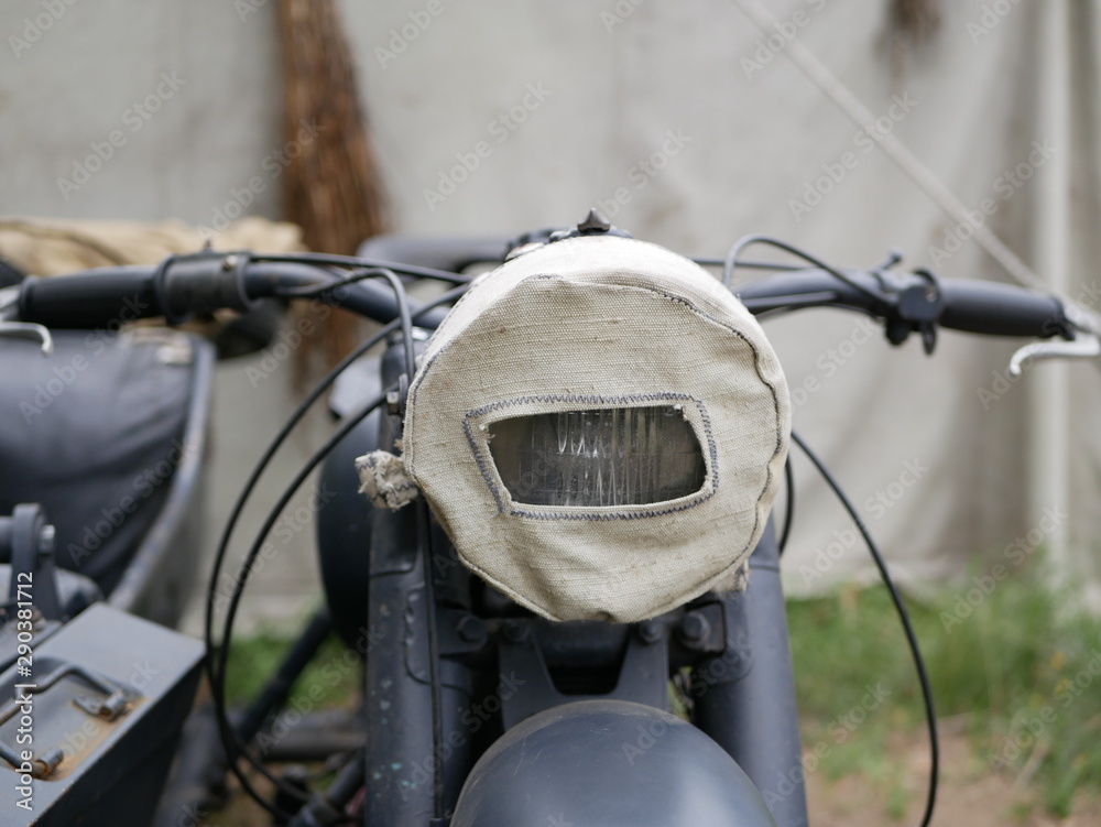 World war II motorcycle with sidecar and mounted ammunition boxes and ...
