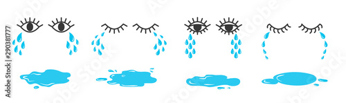 Fotografija Set of doodle eyes crying with tear drops and puddles