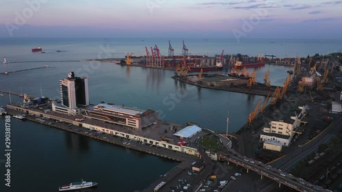 Drone flies to Odessa Seaport from the Potemkin Steps and city centre