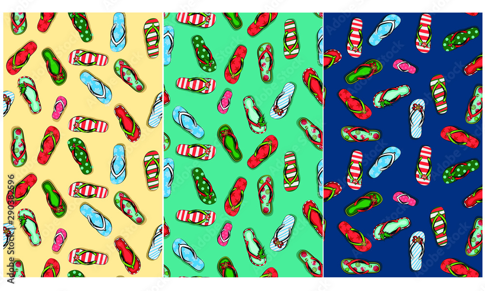 Fototapeta premium Christmas greeting card with beach Slippers in Christmas new year decor, celebrate Christmas on the beach, Wish you a merry Christmas on the beach,