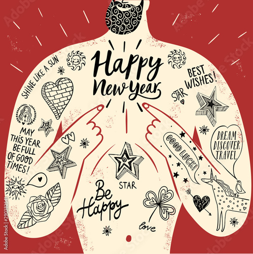 Big male chest with tattoos New Year greeting card.