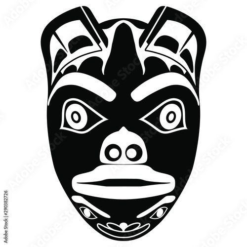 Isolated vector illustration. Ancient Tlingit mask of totem bear. Native American tribal art. Alaska Indians. Canada ethnic. Black and white silhouette.