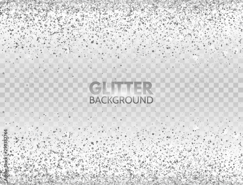 Glitter silver frame with space for text. Luxury glitter decoration. Silver sparkles and dust on transparent background. Bright design for Christmas, Birthday, Wedding. Vector illustration