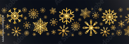 Golden snowflakes border on black background. Merry Christmas and Happy New Year greeting card with glitter gold snowflakes. Luxury holiday decoration banner. Vector illustration