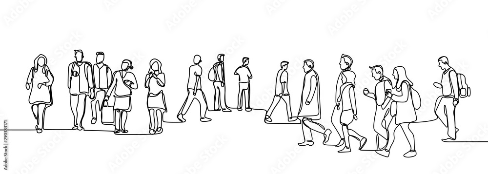 Urban commuters one continuous line drawing minimalism design sketch hand drawn vector illustration. People walking before or after work time on city street. - obrazy, fototapety, plakaty 