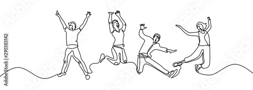 Continuous line drawing of four jumping happy people. Team members jump enjoying their life metaphor of freedom, celebration, and cheering vector illustration. Friendship one single hand drawn.