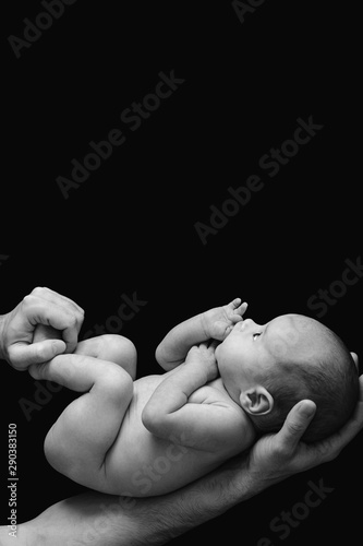 Cute newborn baby in the father's hands