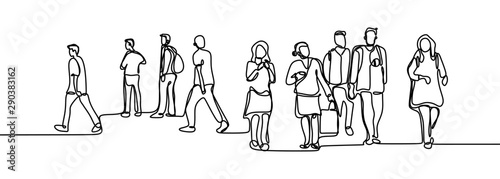 Urban commuters one continuous line drawing minimalism design sketch hand drawn vector illustration. People walking before or after work time.