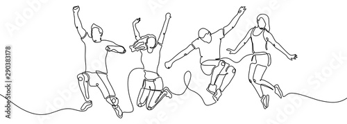 Continuous one line drawing of jumping happy team members vector illustration simple and minimalist design. Group of four people jump and freedom.