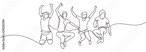 Group of people jump looks happy and enjoying their life continuous one line drawing minimalism design. Vector illustration simplicity conceptual metaphor design.