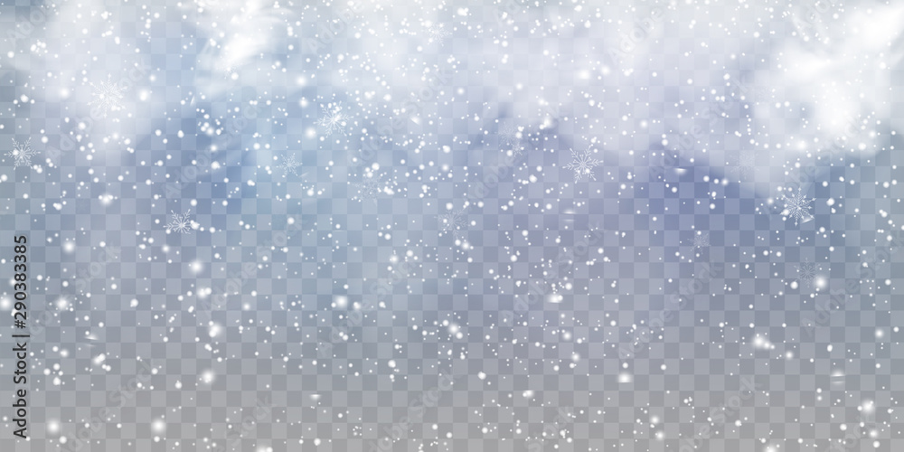 Falling Christmas beautiful snow with snowdrifts isolated on transparent background. Grey shiny poster with winter landscape, wind, blizzard. Snowflakes, snow background. Heavy snowfall, snowflakes.