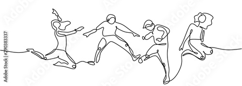 Continuous line drawing of four jumping happy people. Team members jump enjoying their life metaphor of freedom, celebration, and cheering vector illustration. One hand drawn single sketch.