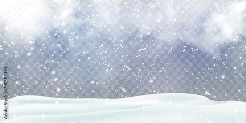 Falling Christmas snow decoration with snowdrifts, snow-covered hills isolated. Grey shiny poster with winter landscape, wind, blizzard. Winter Holidays Storm Background. Heavy snowfall, snowflakes.