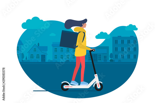 Delivery young female courier riding electric kick scooter with package product box. Fast shipping service concept on city street. Vector illustration active adult millennial on cityscape