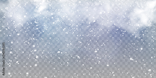 Falling Christmas beautiful snow with snowdrifts isolated on transparent background. Grey shiny poster with winter landscape, wind, blizzard. Snowflakes, snow background. Heavy snowfall, snowflakes.