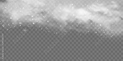Falling Christmas Shining snow, fog and wind isolated on transparent background. heavy snowfall, snowflakes in different shapes and forms. Winter Holidays Storm with snowflakes flying in the air
