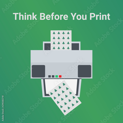 Green eco printing ecology concept. Think before you print. Home or business inkjet printer machine isolated on green. Please consider the environment before printing an email. Save paper, save trees.