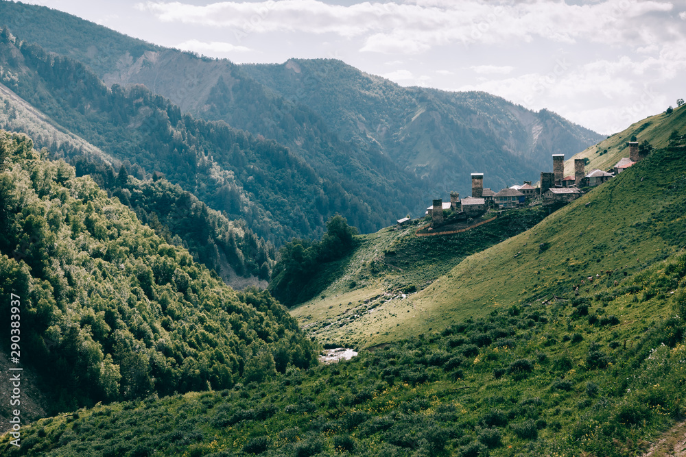 Fototapeta premium The mountain village of Adishi. Location Upper Svaneti, Georgia country, Europe. Main Caucasian ridge.