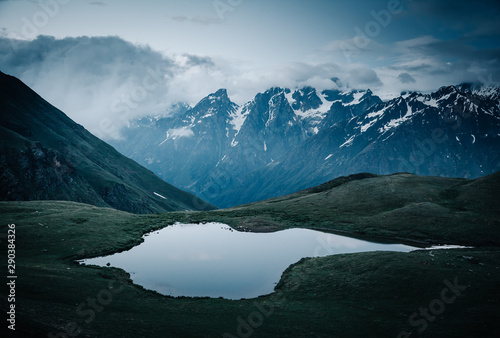 Lake Koruldi near Mt. Ushba. Location Upper Svaneti, Georgia country, Europe. Main Caucasian ridge.