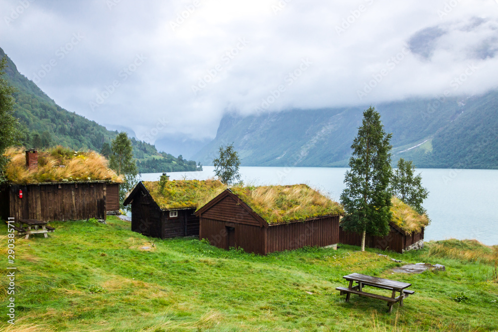 old farm on Lovatnet lake in Norway old farm on Lovatnet lake in Norway