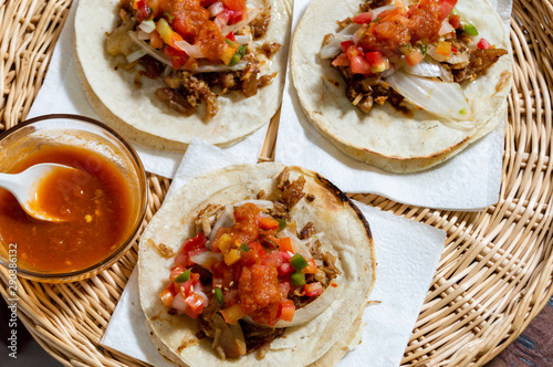 Mexican carnitas tacos, traditional food of Michoacán photo