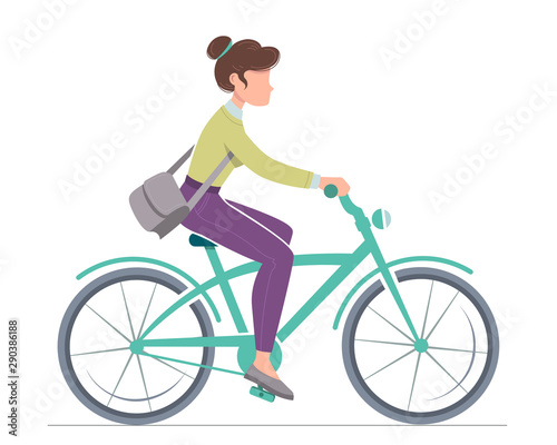 Woman is riding a bike. Vector illustration.