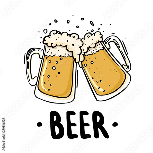Two beer mugs, knocking on each other, toast, doodles illustration of a holiday, fun, with alcohol, a splash of beer foam.