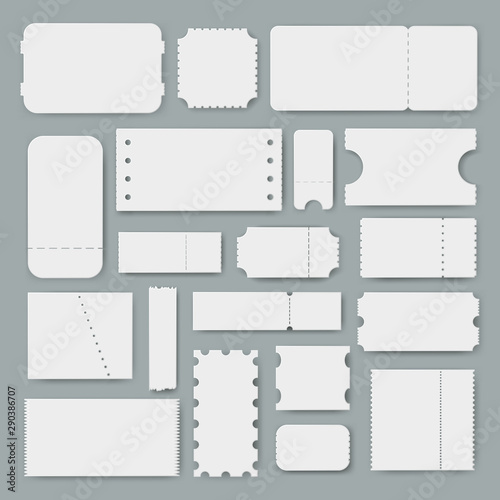 Various blank tickets a vector set, empty mockups for ticket designs, templates of vouchers or coupons an admission to event or service, concert, cinema, party entrance, train ride or airplane flight