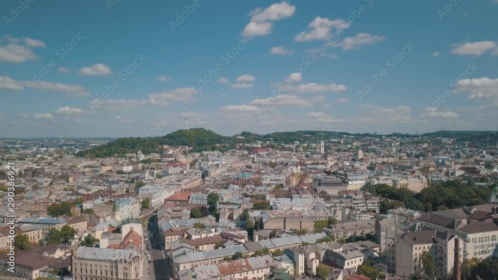 Aerial City Lviv, Ukraine. European City. Central part of old european city Aerial City Lviv, Ukraine. European City. Central part of old european city