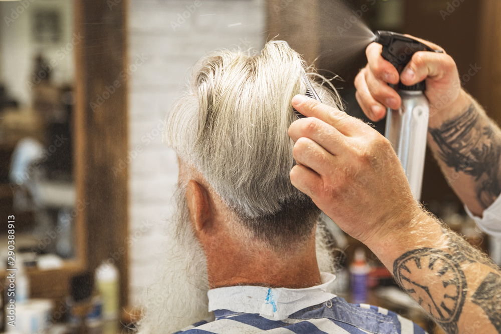 Fototapeta premium Hairdresser making stylish haircut for a handsome old man
