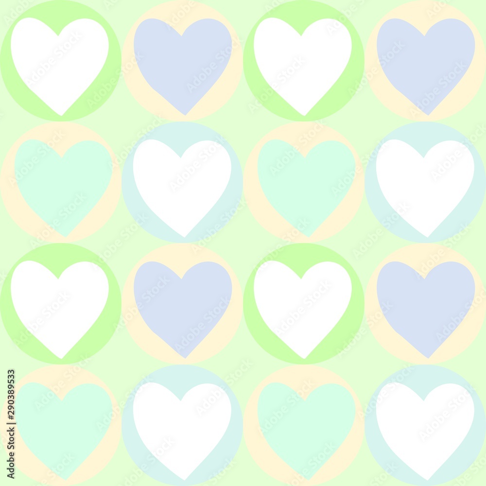seamless pattern with hearts on light green background, pastel colors colorful hearts vector drawing