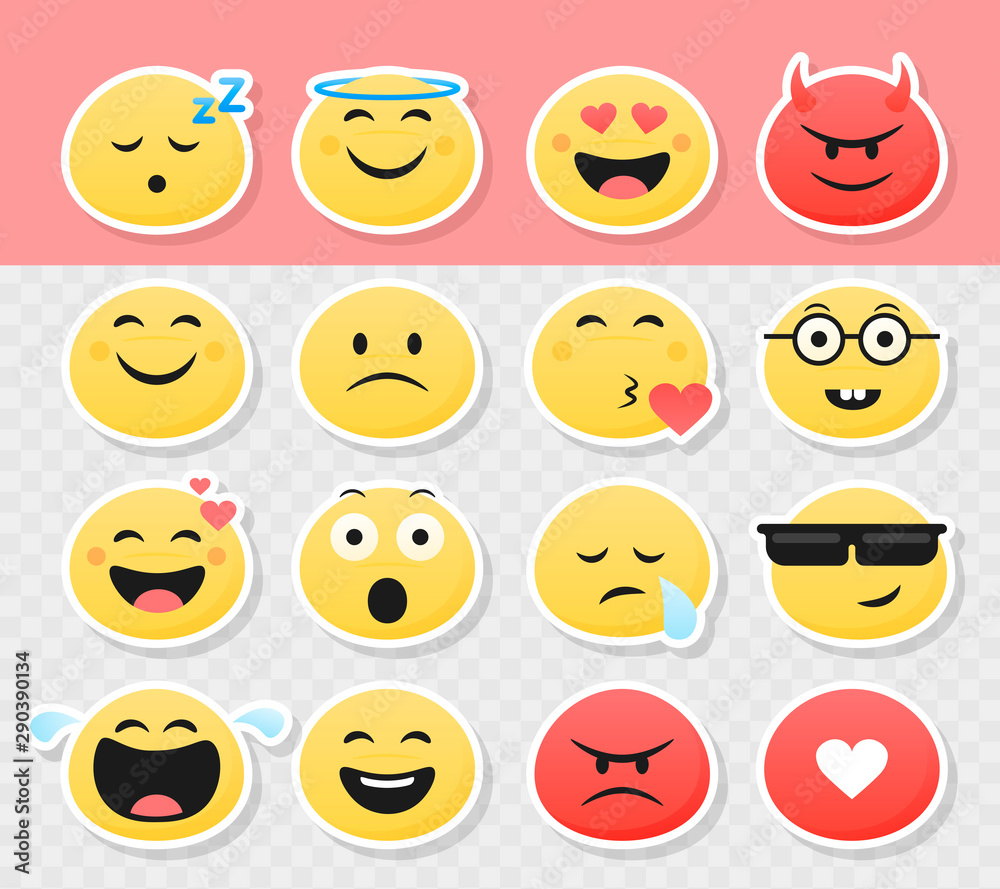Set of cute smiley emoticons stickers, flat design, vector illustration