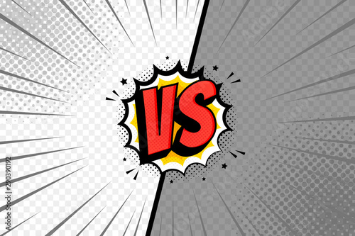 VS two frame template. Versus pop art design on transparent background, comic with lightning ray border for intro of superhero fight and duel. Vector illustration