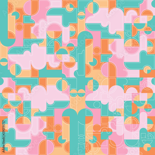 futuristic and technology background and pattern in colorful pastel green, orange and pink, with connected circles and curved shapes for fashion, fabric, textile, wallpaper, backgrounds and backdrops.