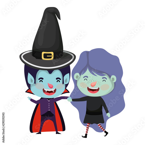 cute little kids with dracula and witch costume