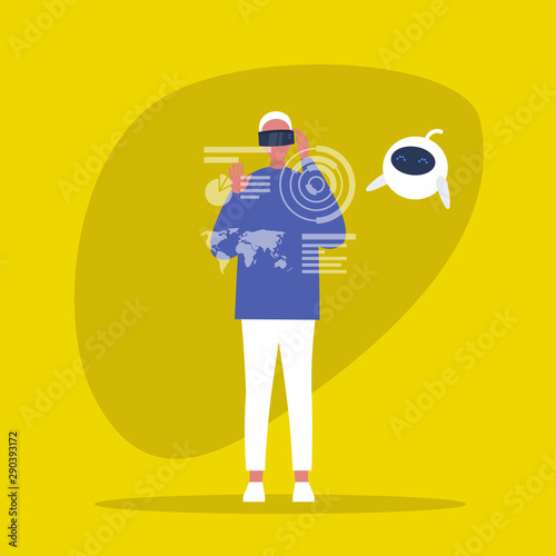 Young male character wearing a virtual reality headset