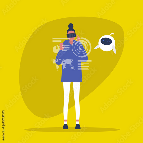 Young female character wearing a virtual reality headset. VR. AR. New technologies. Cute robot. Machine learning. Millennial gadgets and lifestyle / flat editable vector illustration